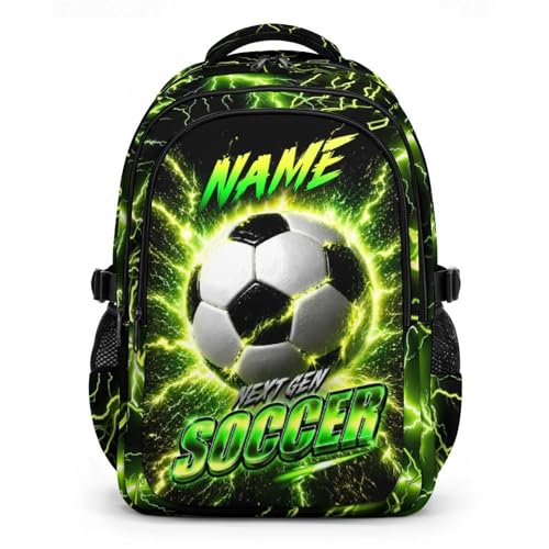 Boys Soccer Backpack with Personalized Name, 17 Inch Kids School Backpacks with 3 Compartments - Custom Sport Bookbag for Elementary Students, Reflective Ergonomic Design with Chest Strap - color: Green