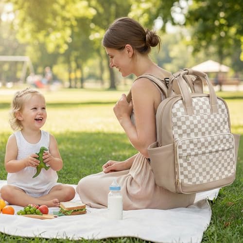 miss fong Small Diaper Bag - Baby Diaper Bag Backpack Checkered Diaper Bag with Changing Pad Baby Backpack for Travel Daycare Mommy Diaper Backpack Pañaleras Para Bebe for Mom & Dad-White&Beige - color: Beige&honey