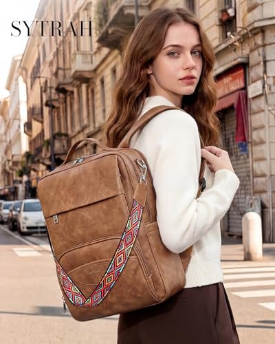 SYTRAH Leather Laptop Backpack for Women, 15.6 Inch Business Computer Bag, Designer College Backpack Travel Backpack with Colorful Shoulder Bag Strap Mocha Brown - color: Brown