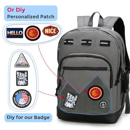 Swissdigital Design Big Student Laptop Backpack with Fun Personalized Patches For College Boys & Girls, Middle High School Teen Bookbag Cool Travel Daypack Grey- Includes 3 Patches | SD1718-03 - color: Dark Grey