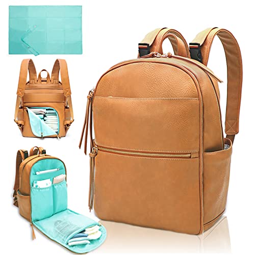 MOMINSIDE Diaper Bag Backpack Leather Diaper Bag with 6 Insulated Pockets, Baby Bag for Mom Dad, Baby Registry, Changing Pad, Stroller Straps,Diaper Backpack Diaper Bag Leather(Biscuit) - color: Biscuit