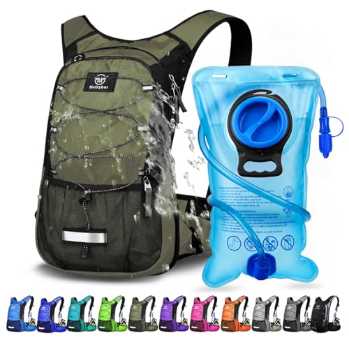 Mothybot Insulated Hydration Backpack Pack with 3L BPA Free Leak Proof Water Bladder, Large Storage Lightweight Hiking Daypack with Waist Pouches & Cooler Layer, for Running, Biking, Camping, Festival - color: Olive