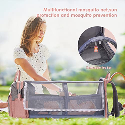 DERJUNSTAR Baby Diaper Bag Backpack with ChangingStation-Large Capacity Baby Bag for Boys & Girls, USBCharging Port, Pacifier Case, sunshade & Toy Bar,Waterproof, Baby Pink - color: Baby Pink