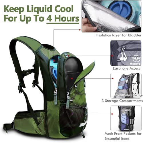 Mothybot Hydration Pack, Insulated Hydration Backpack with 2L BPA Free Water Bladder and Storage, Hiking Backpack for Men, Women, Kids for Running, Cycling, Camping - Keep Liquid Cool up to 5 Hours - color: Olive