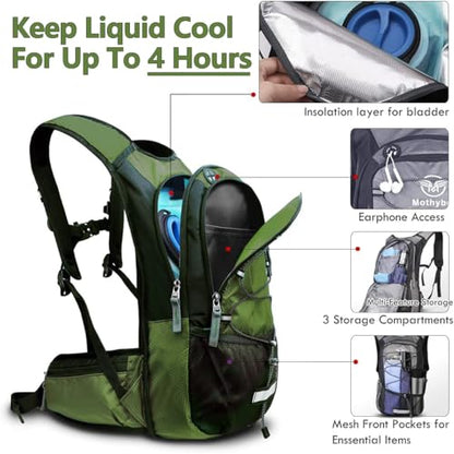 Mothybot Hydration Pack, Insulated Hydration Backpack with 2L BPA Free Water Bladder and Storage, Hiking Backpack for Men, Women, Kids for Running, Cycling, Camping - Keep Liquid Cool up to 5 Hours - color: Olive
