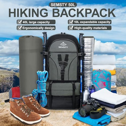 40L/50L Expandable Hiking Backpack for Men and Women, Travel Camping Backpack Flight Approved - color: 40l+10l Grey