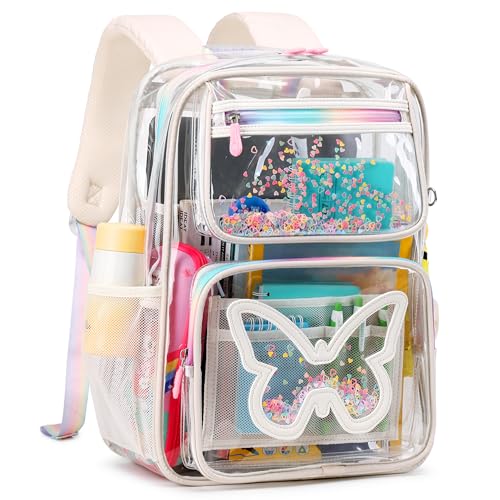 Clear Backpack for School,Large Bookbag Heavy Duty See Through Butterfly Backpacks for Girls Stadium Approved Daypack Transparent Shoulder Bags for Students,Teens,Women,Work,Travel,Concert Off White - color: Off-white