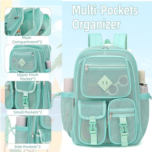 Green Mesh Backpack for Girls Boys, Mesh Bookbags Heavy Duty Semi-Transparent School Bag for College, Travel, Beach, Swimming, Sports - color: Green
