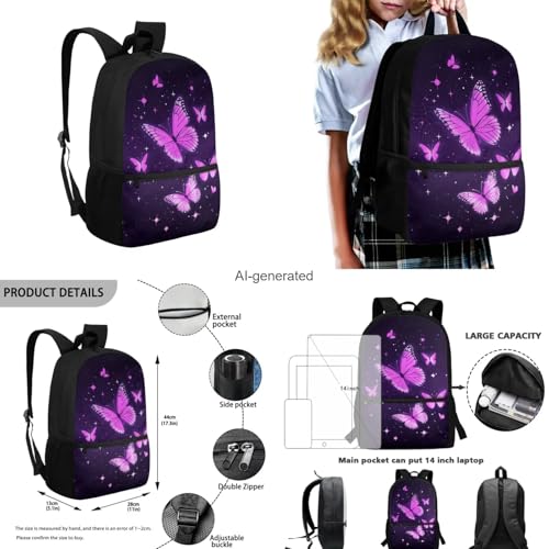 Aesthetic Butterfly Backpack for Girls Kids Backpack with Lunch Box Water Bottle Carrier with Strap and Big Pencil Case 4PCS Set Bookbag with Front Pocket for School 17" Lightweight School Bag - color: Aesthetic Purple Butterfly