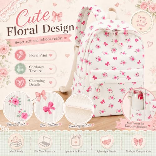 LEDAOU School Backpack for Teen Girls Elementary Middle School Bookbag Kids Backpacks Women Laptop Backpack Travel Daypack (Flower Bow - Beige) - color: Flower Bow - Beige