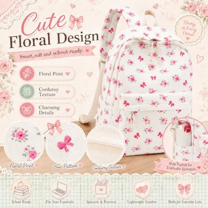 LEDAOU School Backpack for Teen Girls Elementary Middle School Bookbag Kids Backpacks Women Laptop Backpack Travel Daypack (Flower Bow - Beige) - color: Flower Bow - Beige