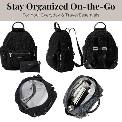 Baggallini Womens All Day Backpack With RFID Phone Wristlet, Black Faux Shearling - color: Black Faux Shearling