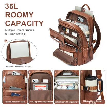 Shrrie 17 Inch Laptop Backpack Purse for Women with Giant Tumbler Holders | Vegan Leather Backpack with Large Water Bottle Pocket,Work Travel Business College Teacher Nurse,35L Large Capaity - color: Brown