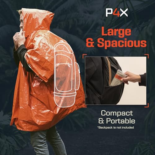 PREPARED4X Emergency Mylar Poncho – Survival Rain Poncho with Hood – Lightweight, Compact, Reusable Emergency Blanket Poncho for Hiking, Camping, Thermal Gear, Car Kit, Outdoors - color: Orange