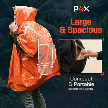 PREPARED4X Emergency Mylar Poncho – Survival Rain Poncho with Hood – Lightweight, Compact, Reusable Emergency Blanket Poncho for Hiking, Camping, Thermal Gear, Car Kit, Outdoors - color: Orange