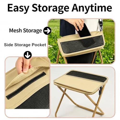 Foldable Backpack Stool, Folding Backpack Stool with Shoulder Strap & 2 Side Pockets, Collapsible Folding Stool for Camping, Fishing, Hiking, Travel & Outdoor (Khaki)