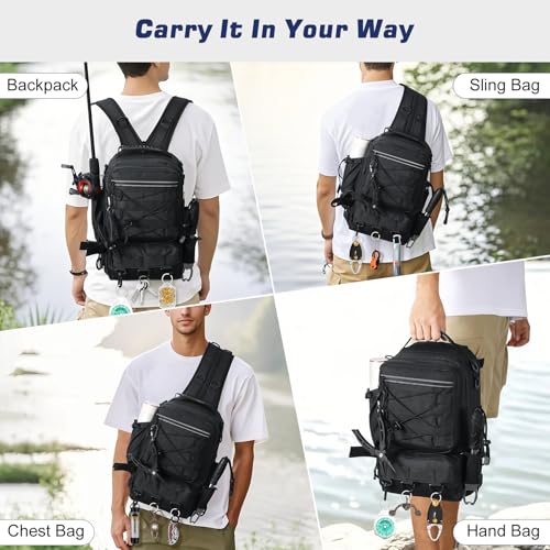 MoKo Fishing Backpack Sling Bag with Rod & Gear Holder, Nylon Waterproof Fishing Tackle Storage Bag for Fishing - color: Black