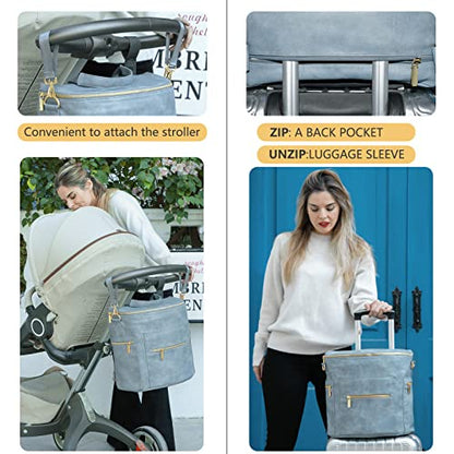 miss fong Diaper Bag Backpack Baby Diaper Bag, Large Leather Diaper Backpack with 16 Pockets Travel Diaper Bag with Diaper Changing Pad, Stroller Straps & 2 Insulated Pockets - color: Blue Fog