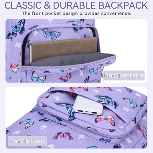 VASCHY School Backpacks, Lightweight Bookbag Schoolbag for Kid Girls Casual Basic Simple Daypack for Teen Girls Butterfly - color: Lavender Butterflies