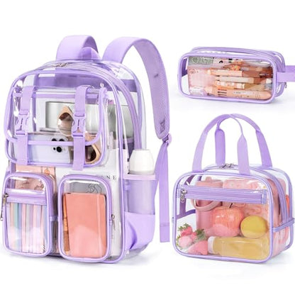 Fimibuke Clear Backpack for Girls - 3 PCS Heavy Duty Kids Clear Bags Schoolbag Large Transparent PVC Bookbag with Lunch Box Pencil Case Set for Travel School Concert Stadium Events Backpacks - color: purple