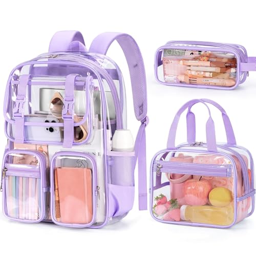 Fimibuke Clear Backpack for Girls - 3 PCS Heavy Duty Kids Clear Bags Schoolbag Large Transparent PVC Bookbag with Lunch Box Pencil Case Set for Travel School Concert Stadium Events Backpacks - color: purple