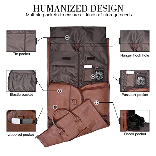 seyfocnia Convertible Travel Garment Bag,Carry on Garment Duffel Bag for Men Women - 2 in 1 Hanging Suitcase Suit Business Travel Bag - color: Brown-2pockets-Leather