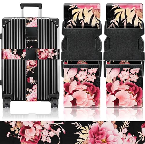 Slohif Luggage Straps for Suitcases Travel Belt Accessories Luggage Connector Identifiers Over Handle with Buckle Unique Nylon Adjustable Strap for Sleeping Bag Car Seat Black(2 Pack) - color: Black Flower