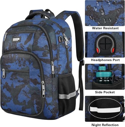 Jiefeike Laptop Backpack for Men, Large Travel Backpack TSA Friendly Anti Theft Backpacks Water-Resistant Bag Daypack for Work, 17.3inch Approved Computer Bookbag & Notebook - color: Camo-blue