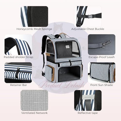Double Cat Backpack Carrier for 2 Cats, Double-Compartment Pet Carrier Backpack for 2 Small Cat or One Medium Cat, Cats Carrier Backpack Dog Carrier Backpack Fits Up to 24 Lbs,Blue Striped - color: Striped