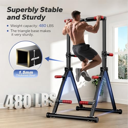 Foldable Pull Up Bar Free Standing, Strength Training Pull-up Bars Adjustable Pull Up Station, Power Tower Pull Up Bar MultiFunction Pull Up Dip Station Workout Equipment For Home Gym Support 480 LBS - color: red