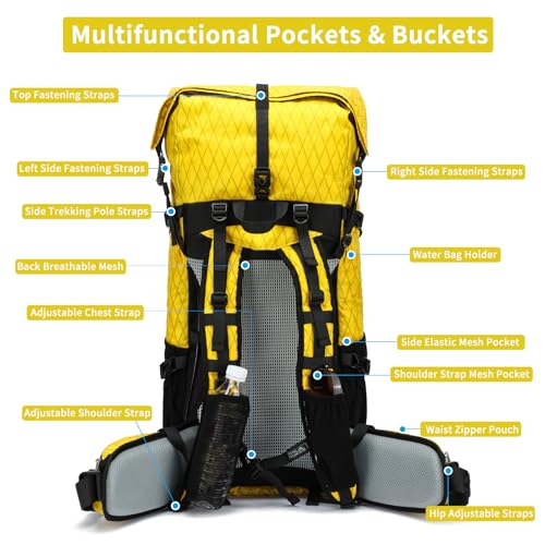 Hiking Backpack,40L to 50L Extra Large Capacity Hiking Bag,Internal Frame Camping Backpack,Upgraded X-PAC Lightweight Sport Daypack Travel Backpack Fit For Mountain Climbing Camping(Yellow) - color: Yellow