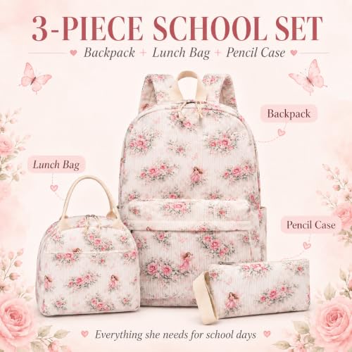 BTOOP School Backpacks for Teen Girls Bookbags Lightweight Kids Backpack School Bags Set with Lunch Box Pencil Case - color: Pink Flroal Fairy