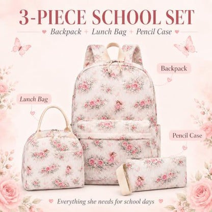 BTOOP School Backpacks for Teen Girls Bookbags Lightweight Kids Backpack School Bags Set with Lunch Box Pencil Case - color: Pink Flroal Fairy
