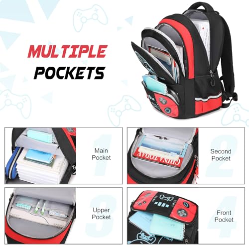 Bevalsa Backpack for School Boys, Cool Luminous Gamer Boys Schoolbag with Sling Bag,Lunch Box & Pencil Case for Kids Children Teens Elementary Middle School(Red Backpack with Shoulder Bag) - color: Red, style: Backpack With Shoulder Bag