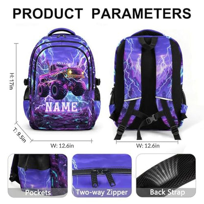 Personalized Backpacks Boys School Backpack for Kids Teen Truck Lovers, Custom Large Capacity Car Bookbag for Students Travel Camping Casual - color: Purple