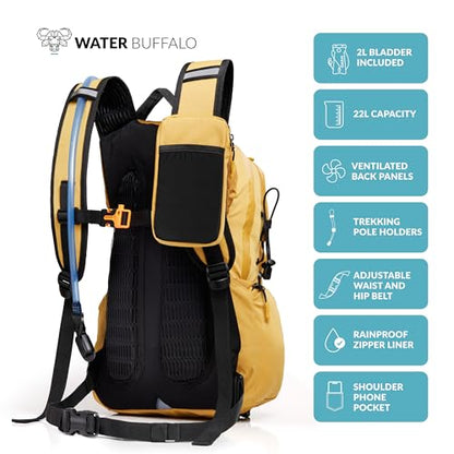 Water Buffalo Hydration Backpack - Sherpa 22L Hiking Backpack with Water Bladder - Water Backpack for Hiking with Waterproof Zippers, Phone & Pole Holders - color: Bonfire