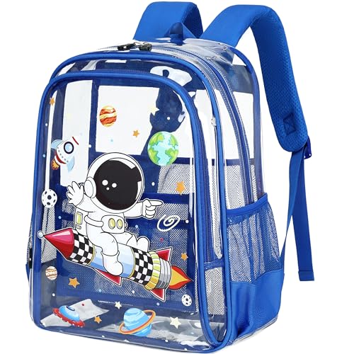 AO ALI VICTORY Clear Backpack for School,PVC Transparent Kids Bookbag for Girls Boys Cute Toddler Back Pack Kindergarten Elementary Schoolbag Stadium Approved See Through Backpacks,Blue Astronaut - color: Blue Astronaut