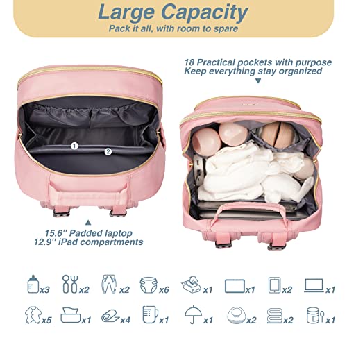 MOMUVO Diaper Bag Backpack, Quilted Baby Bag with Changing Pad & Stroller Straps & Pacifier Case, Large Travel Diaper Bags for Mom Dad, Pink - color: Pink