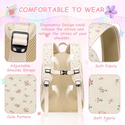 CAMTOP Girls Backpack with Lunch Box Set, Cute Bow School Backpack for Kids, 3-in-1 Lightweight Lunch Bag and Pencil Pouch - color: Flower-beige