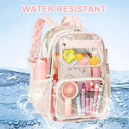 Bluboon Clear Backpack Heavy Duty Kids Boys Clear Bookbag See Through Backpacks with Pencil Case for College Work - color: Pink Bow 212-pink
