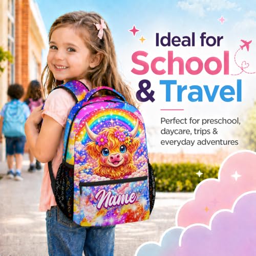 Kids Backpack Girls Customize Highland Cow School Bag with Adjustable Straps, Personalized Backpack for Kindergarten & Elementary, Preschool Bookbag for Girls (17 Inch) - color: Orange
