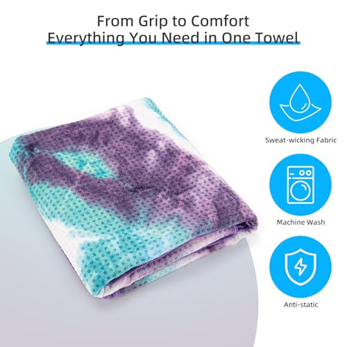 YESLIFE Non-Slip Extra Thick Hot Yoga Towel with One Sweat Towel, Microfiber Sweat Absorbent Yoga Mat Towel with Grip Dot, Pilates Mat, 72" x 24", Green&Purple - color: Green&purple