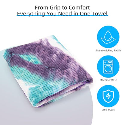 YESLIFE Non-Slip Extra Thick Hot Yoga Towel with One Sweat Towel, Microfiber Sweat Absorbent Yoga Mat Towel with Grip Dot, Pilates Mat, 72" x 24", Green&Purple - color: Green&purple