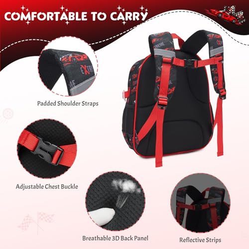 3PCS Boys Backpack Ages 5-8 with Lunch Bag & Pencil Case, Toddler School Backpack for Kids Boys - 15inch Backpack Boy Bookbag for Preschool Kindergarten Elementary School - color: Racing Cars