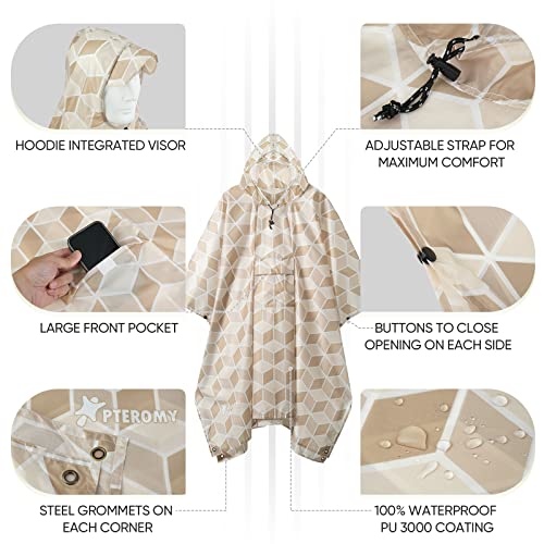 PTEROMY 3-in-1 Hooded Rain Poncho for Adult with Pocket, Waterproof Lightweight Unisex Raincoat for Hiking Camping Emergency - color: Parallelogram