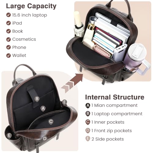 Vegan Leather Laptop Backpack for Women Designer 15.6 Inch PU Laptop Bag, Ladies Travel Computer Work Backpack - color: Deep Coffee