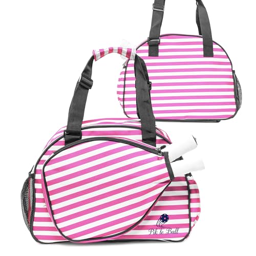 Pik’le’Ball Sport Premium Women's Pickleball Bag – Stylish and Versatile Sports Bag with Water Bottle Holder, Padded Paddle Pocket, and Spacious Design (fits 2+ Paddles!) - color: Stylish Stripe Pink