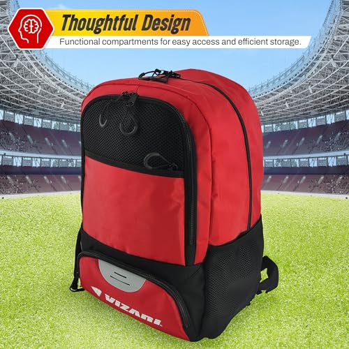 Vizari Soccer Backpack Soccer Bag | Water resistant Durable Equipment Bag for Football, Basketball, Volleyball | Cleats and Ball Compartment - Red,Blue,Pink,Black - color: Black/Red