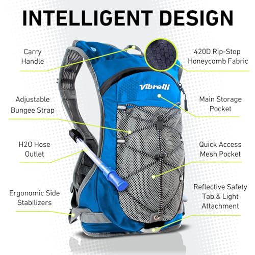 VibrelliVibrelli Hydration Backpack & 2L Hydration Bladder - High Flow Bite Valve - Hydration Pack for Cycling, Running, Hiking - color: Blue