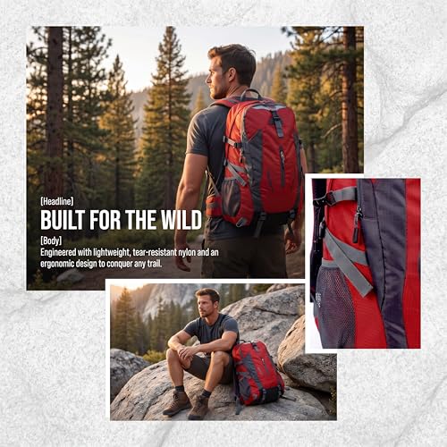 Hiking Backpack, Water Resistant Lightweight Outdoor Daypack with Breathable Padded Back, Multi-Pocket Travel Backpack for Camping Climbing Sports (Red) - color: Red